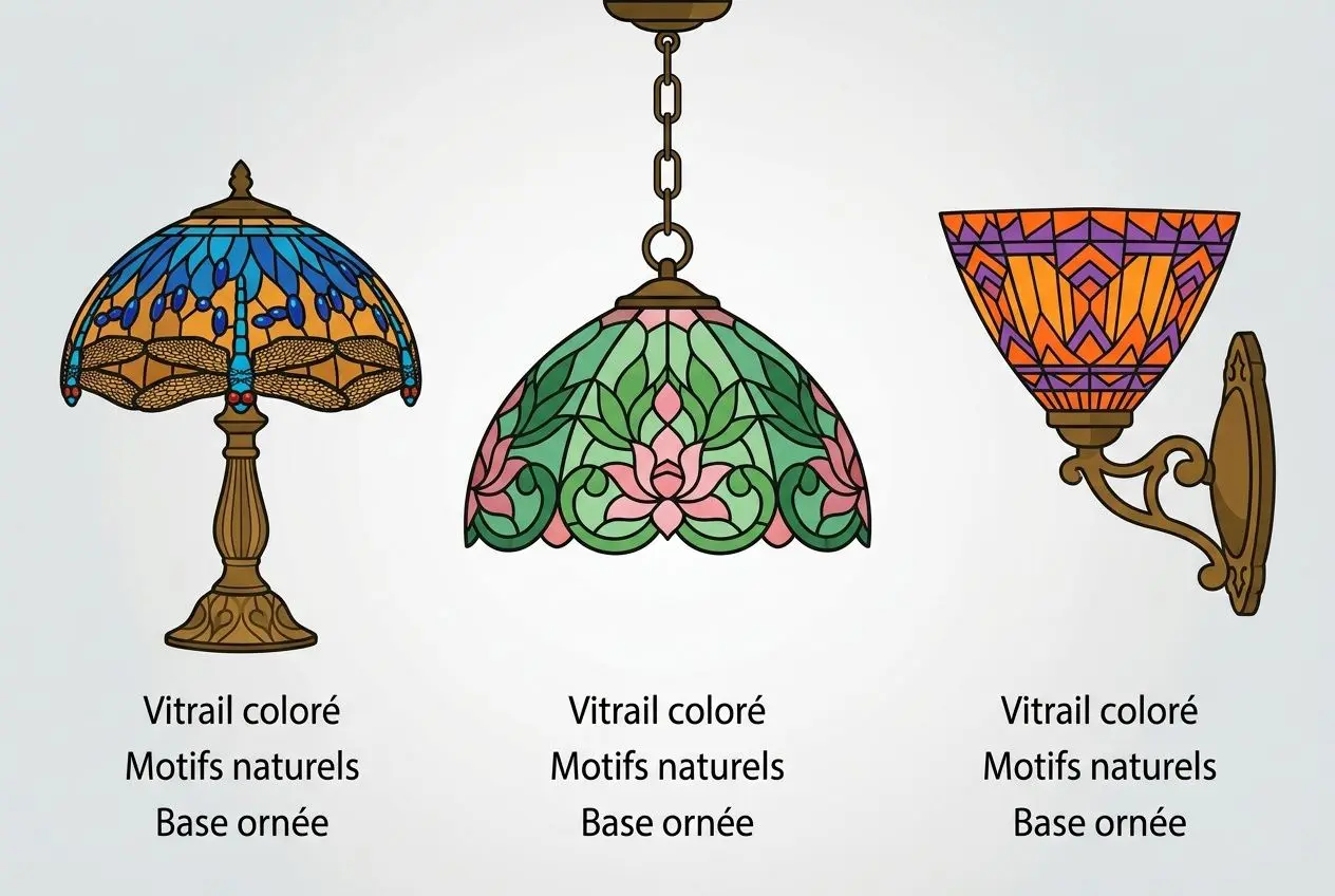 Trois abat-jour Tiffany colorés, avec motifs naturels et bases ornées, illustrant différemment les styles et finitions. différențe entre lampe tiffany et style tiffany.