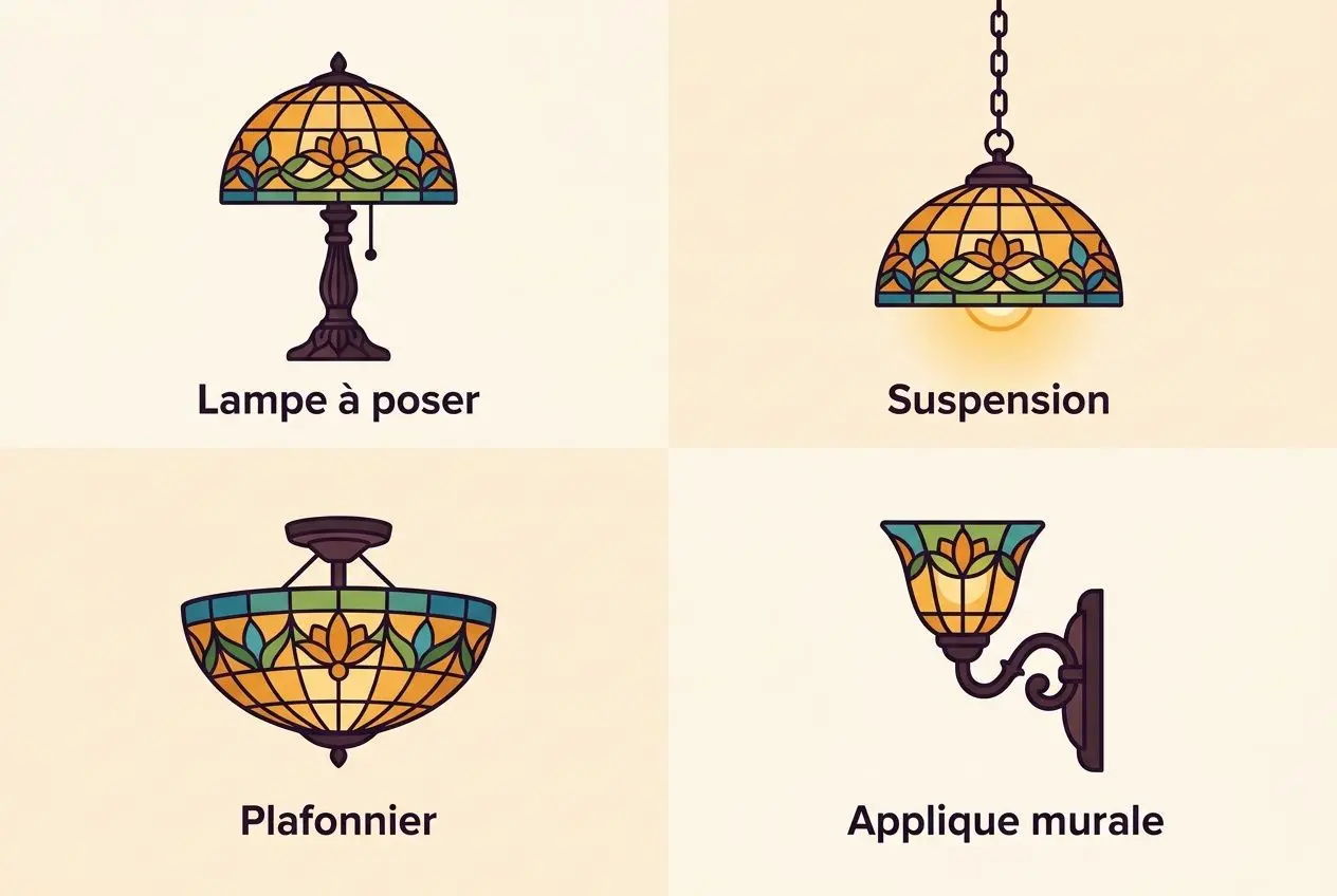 Illustrations d’éclairage décoratif montrant lampe à poser, suspension, plafonnier et applique murale de style Tiffany, pour décoration intérieure avec une lampe tiffany
