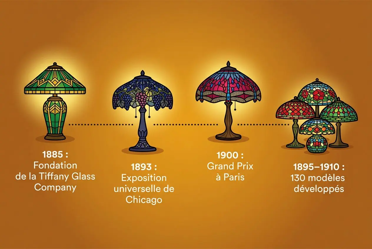 Illustration de lampes Tiffany historiques avec dates clés : fond orange, quatre modèles colorés et explicatifs (1885 fondation, 1893 exposition, 1900 Grand Prix, 1895–1910 développement). C'est quoi une lampe tiffany.