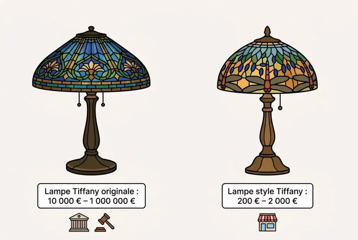 Lampe Tiffany authentique et lampe style Tiffany côte à côte, avec verre coloré opalescent et socles bronze.