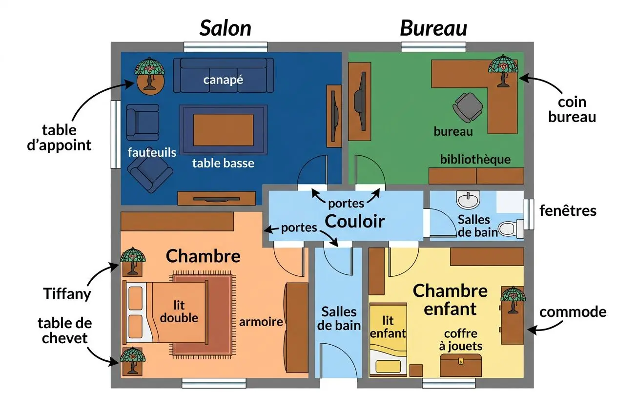 Plan d’appartement indiquant les emplacements des meubles et éléments décoratifs, dont une lampe Tiffany près de la chambre à coucher et des tablo d’appoint. Où placer une lampe tiffany pour sublimer sa décoration.