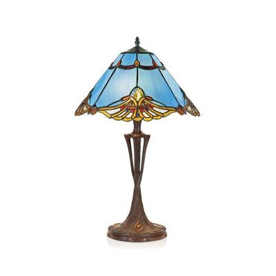 Luminaire ancien art déco: lampe de table designée en style art déco avec abat-jour Tiffany bleu et socle en bronze.