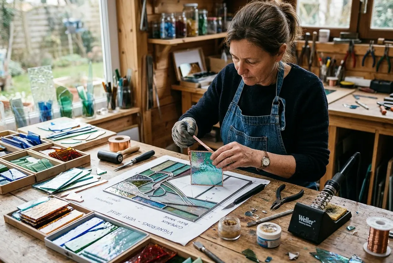 Artisan travaillant le verre coloré pour une lampe Tiffany, assemblage sur plan et outils posés sur le établi. Pourquoi les lampes tiffany sont populaires?