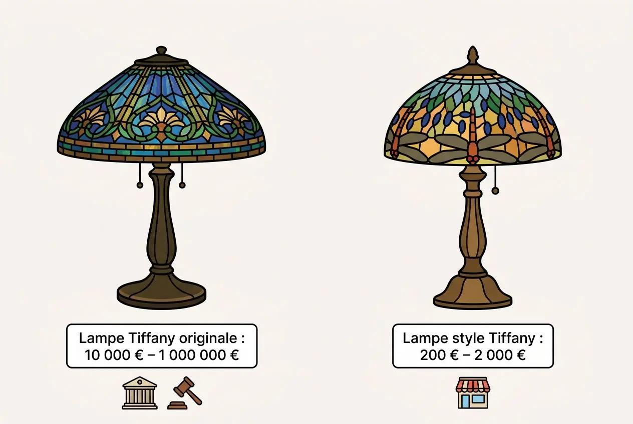 Deux abat-jours Tiffany représentant des lampes de luminothérapie, l’une originale (10 000 €) et l’autre style Tiffany (200 €).