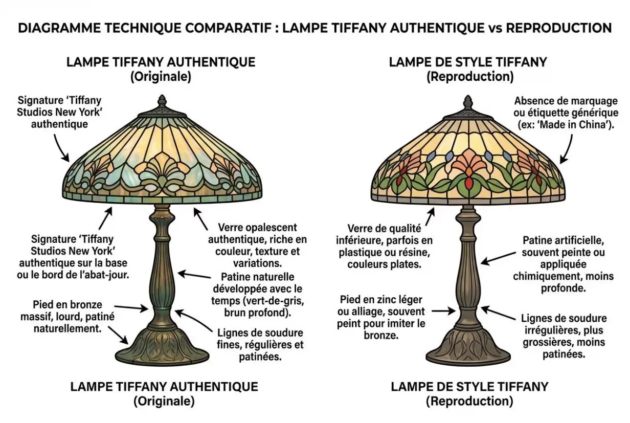 Diagramme comparatif des lampes Tiffany: authenticité vs reproduction, avec annotations sur signature, verre Favrile, patine et détails de pied.