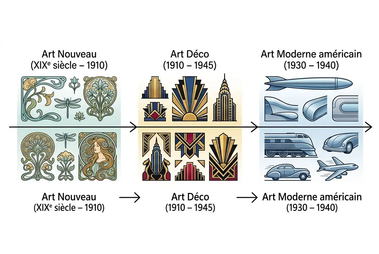 Différence entre les arts décoratifs: progression des styles (Art Nouveau à Art Déco) avec motifs floraux et géométriques, et silhouettes d’objets modernes à droite. intégration: différence entre le verre et le cristal.