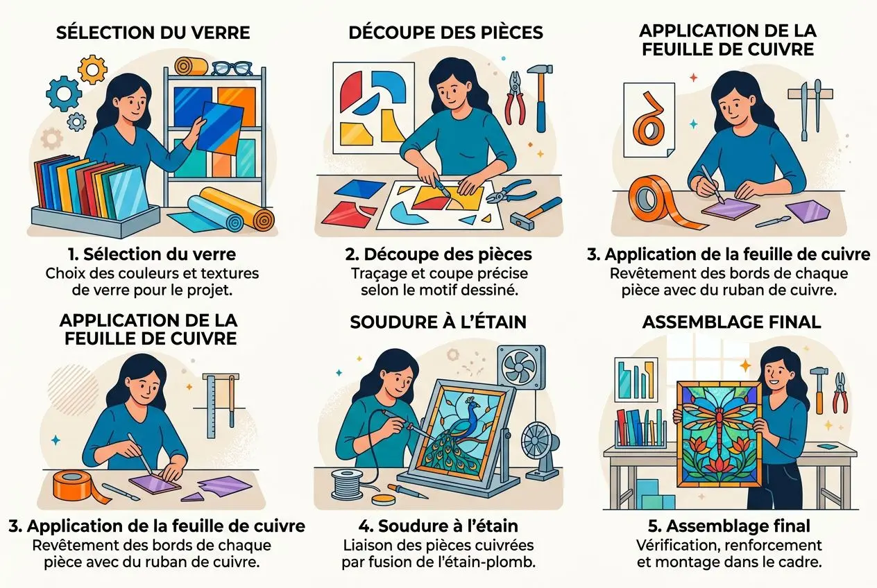 Processus de travail du vitrail: sélection du verre, découpe des pièces, application et soudure à l’étain, puis assemblage final selon le style art nouveau définition.