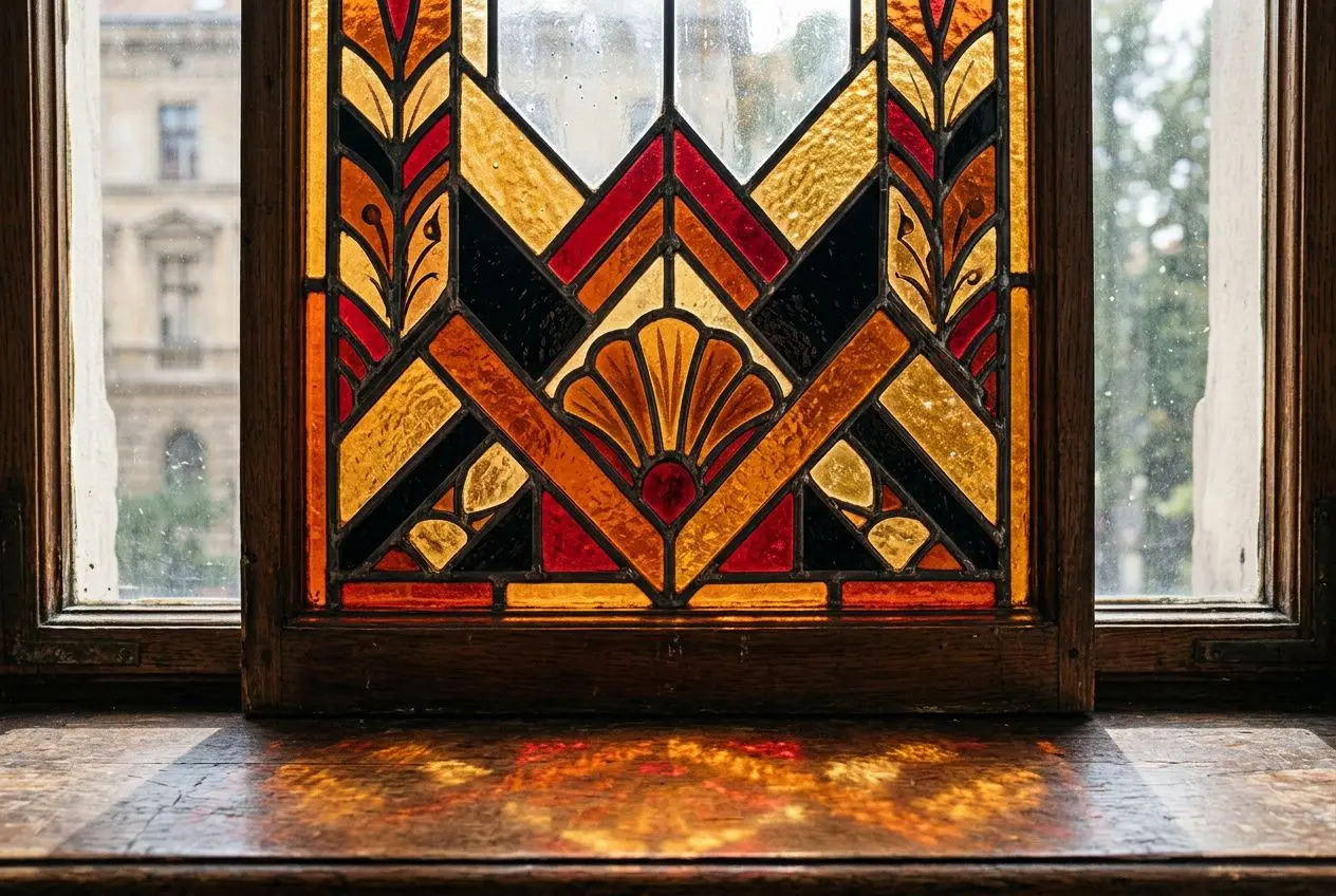 Vitrail coloré illuminant une fenêtre centrale avec motifs géométriques, refleté sur le rebord en bois. différence entre le verre et le cristal.