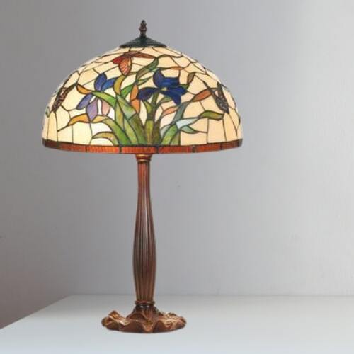 Vitrail Tiffany Art Deco sur socle en bois, lampe abat-jour florale colorée en verre coloré et motifs végétaux.