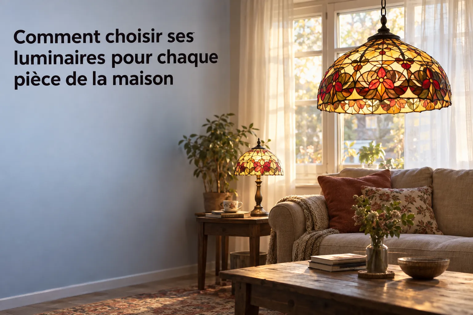 Comment choisir luminaires maison: salon cosy avec lampes Tiffany et mobilier bois, lumière chaude et naturelle.