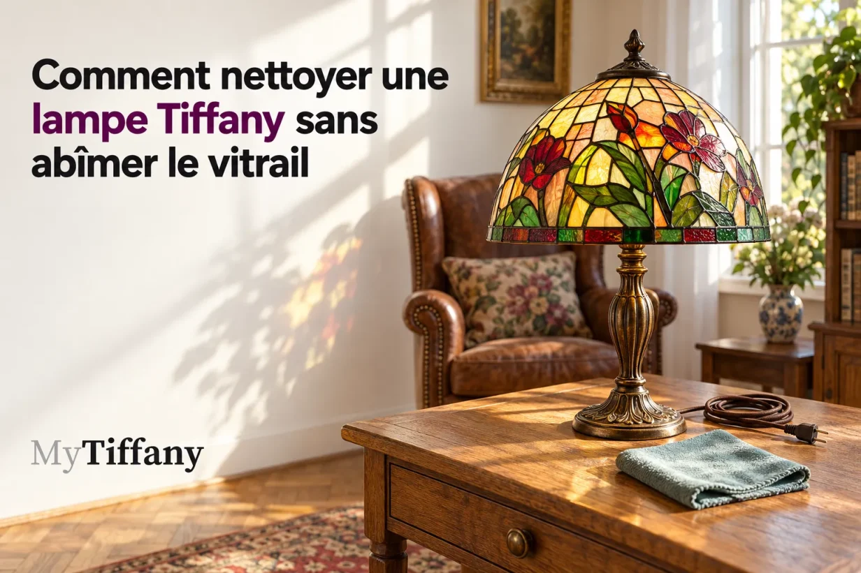 Contraste lumineux sur une lampe Tiffany colorée posée sur une table en bois dans un salon.