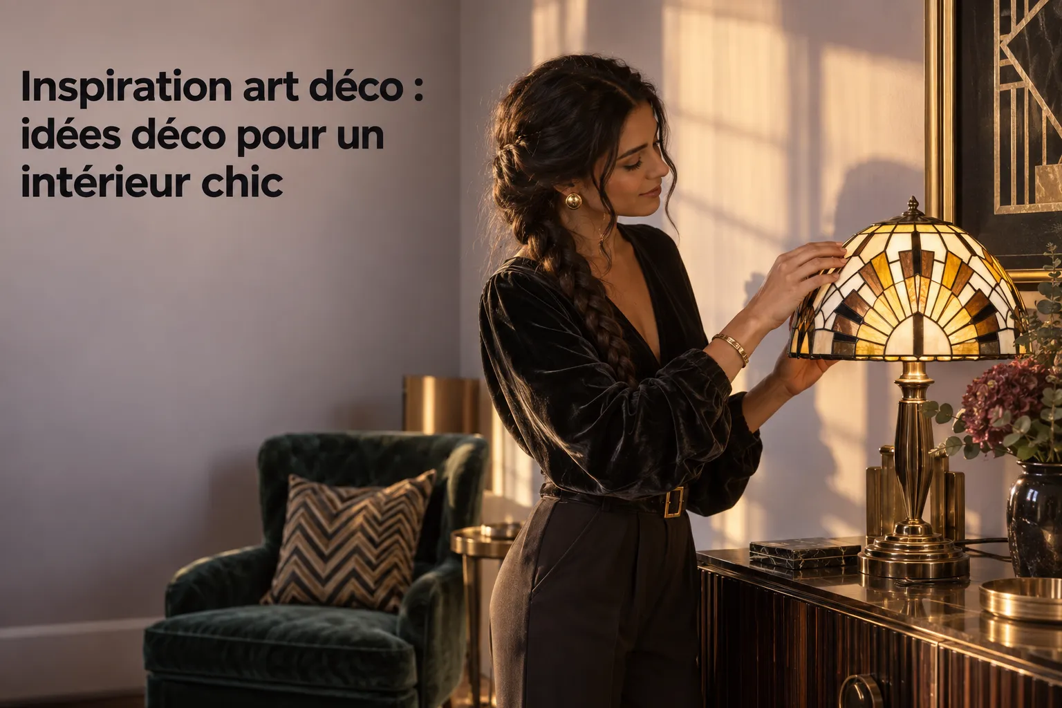 Une femme ajuste une lampe Tiffany Art déco sur une commode en bois dans un salon élégamment décoré.