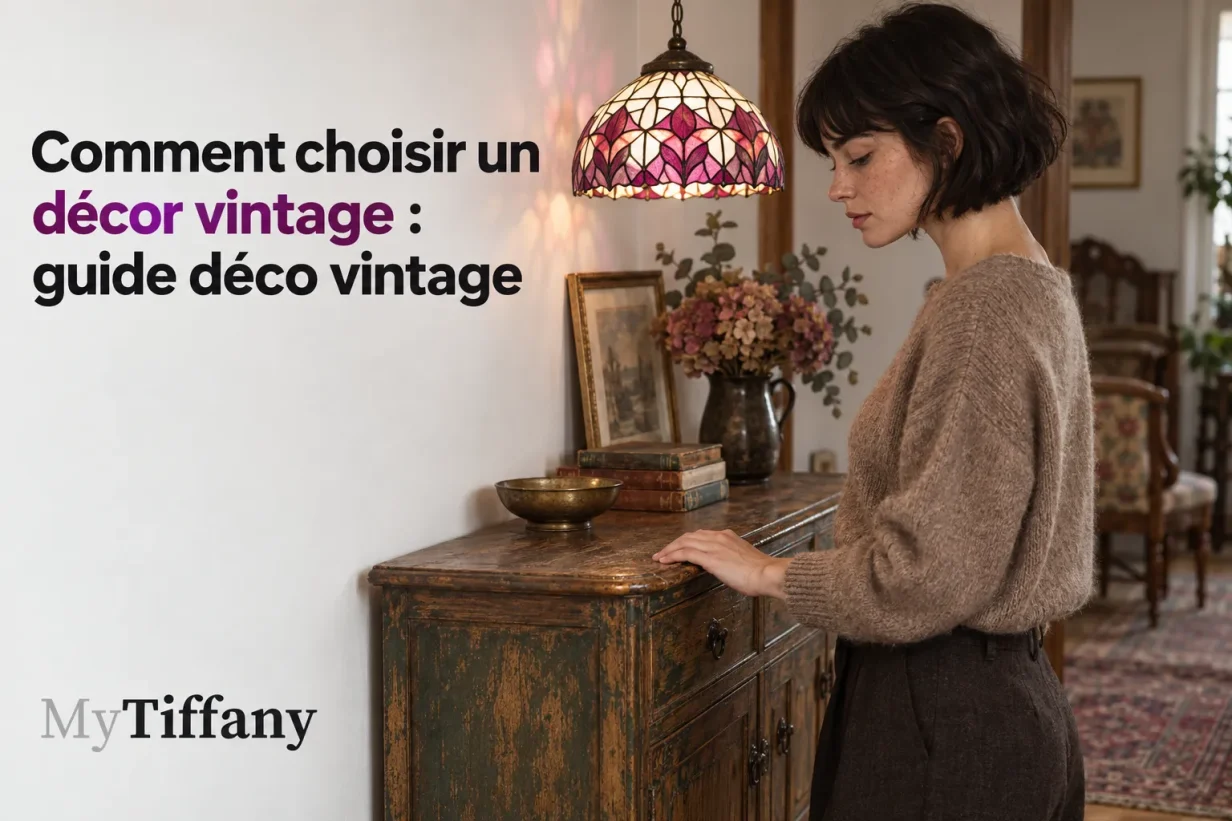 Une femme regarde une vieille commode en bois dans une pièce décorée au style vintage.