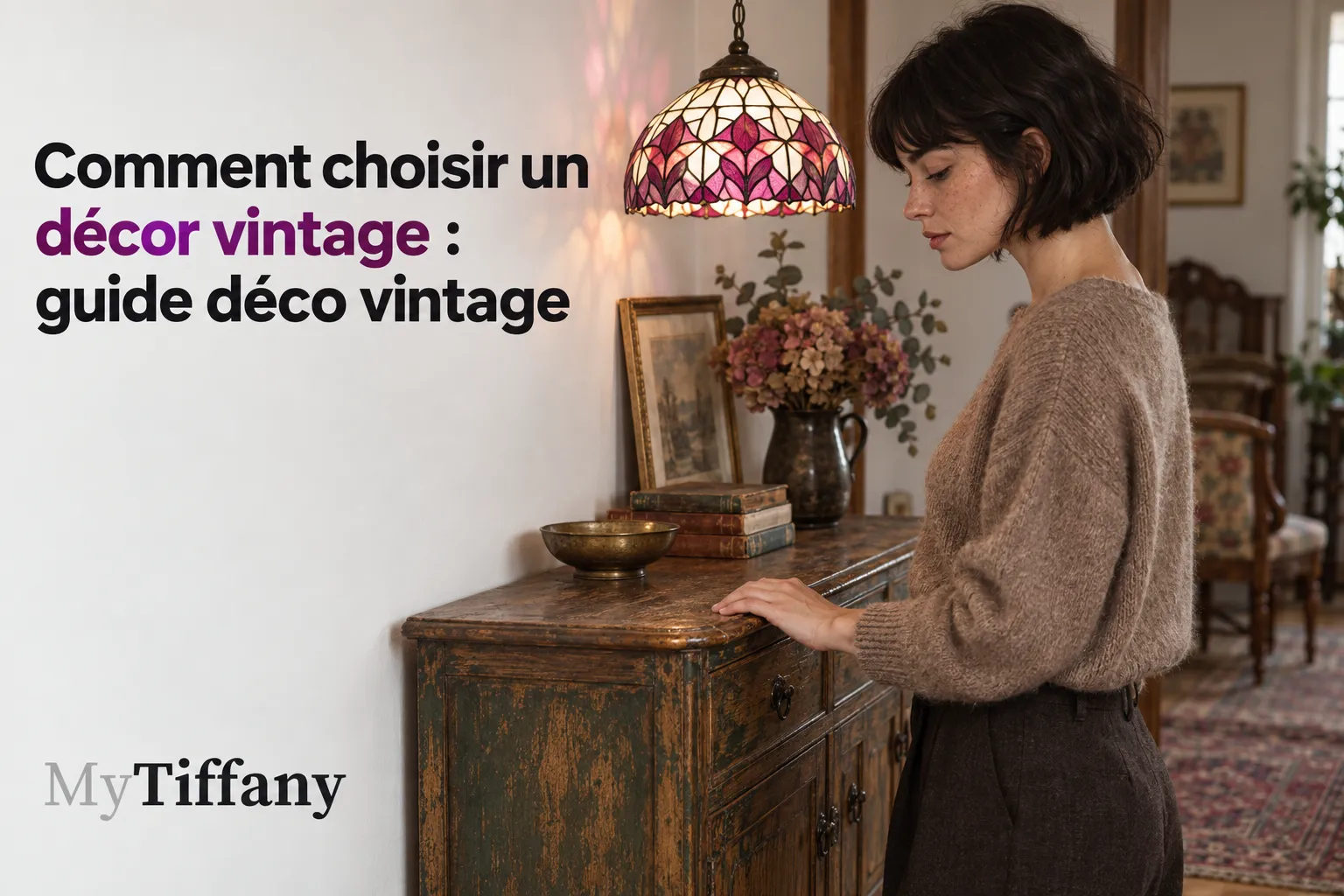 Une femme regarde une vieille commode en bois dans une pièce décorée au style vintage.