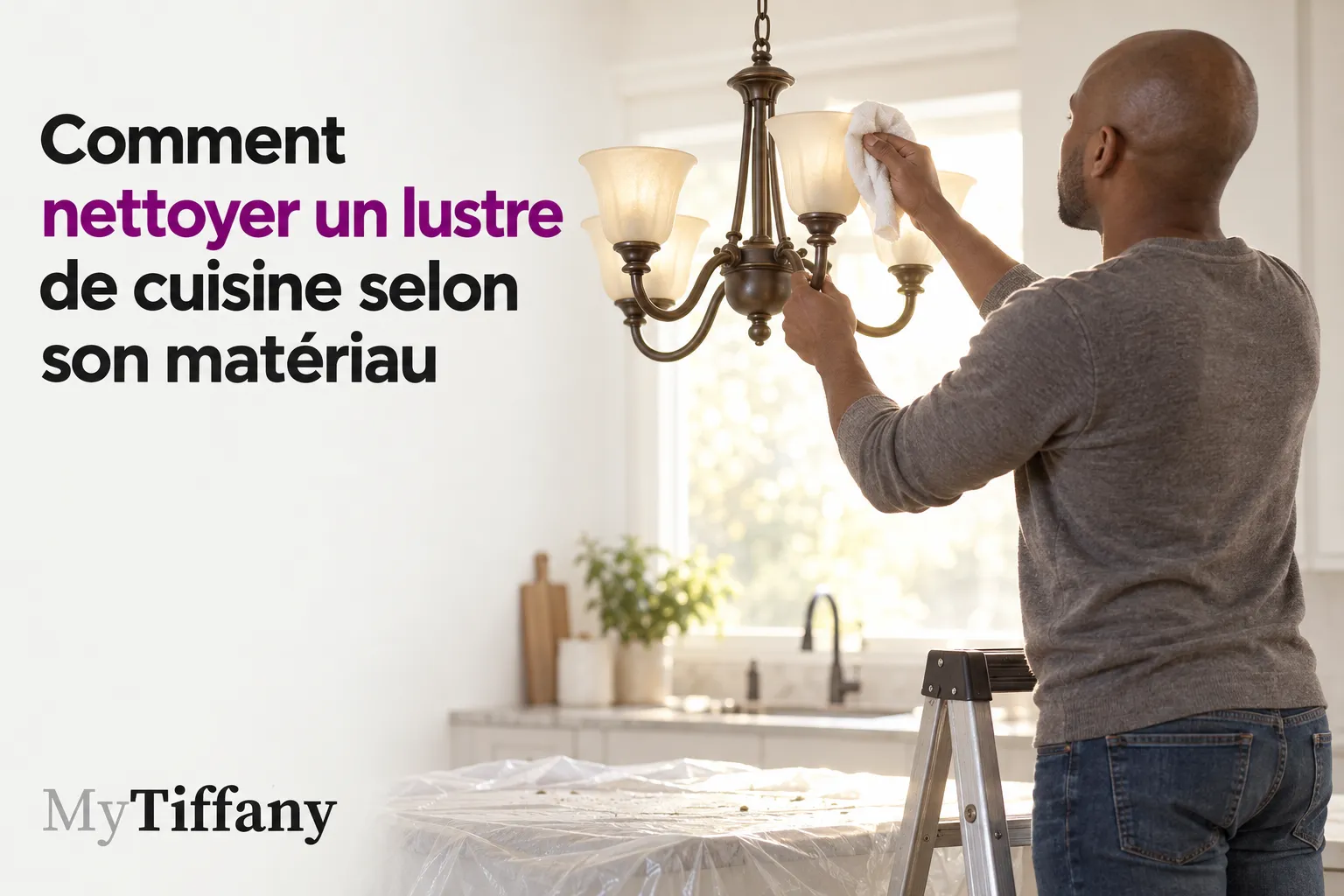 Un homme nettoie un lustre de cuisine accroché au plafond, debout sur une échelle, en utilisant un chiffon.