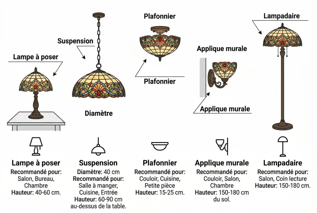Lampadaire et accessoires d’éclairage: lampe à poser, suspension, plafonnier, appliques murales et lampe d’appoint, avec indications de hauteur et portée recommandée. durée de vie d'une lampe mentionnée indirectement via les ampoules LED et classiques.