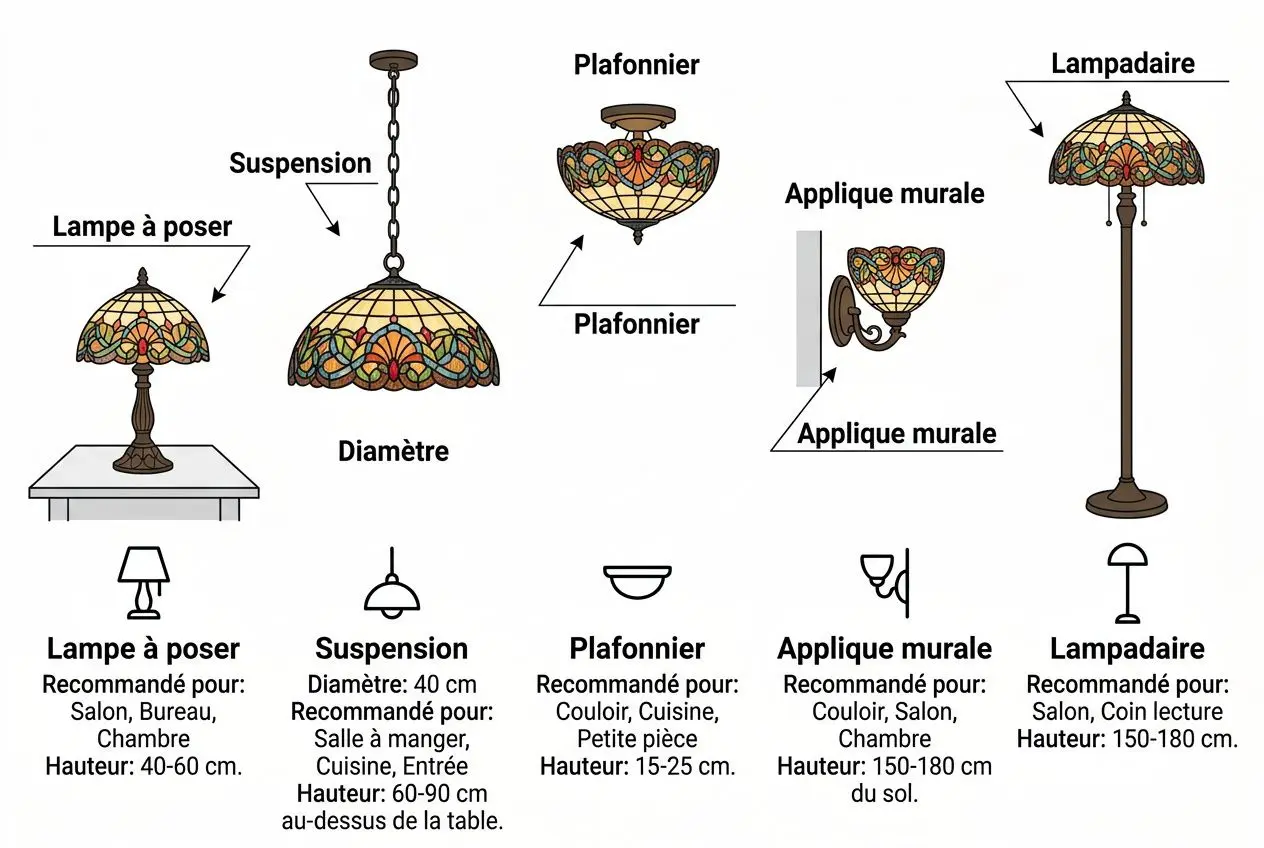 Lampadaire et accessoires d’éclairage: lampe à poser, suspension, plafonnier, appliques murales et lampe d’appoint, avec indications de hauteur et portée recommandée. durée de vie d'une lampe mentionnée indirectement via les ampoules LED et classiques.