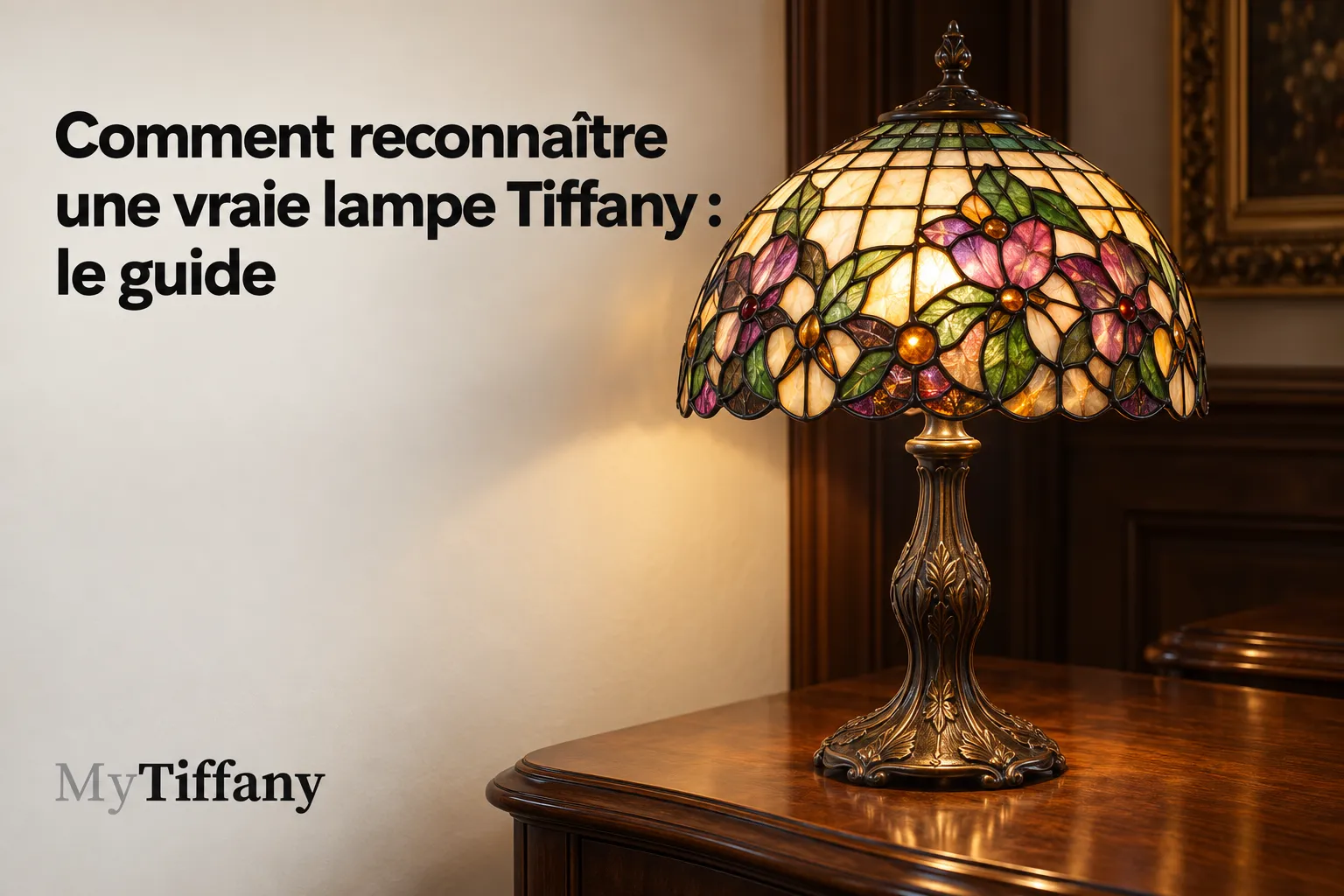 Lampe Tiffany à abat-jour en verre multicolore sur une table en bois.