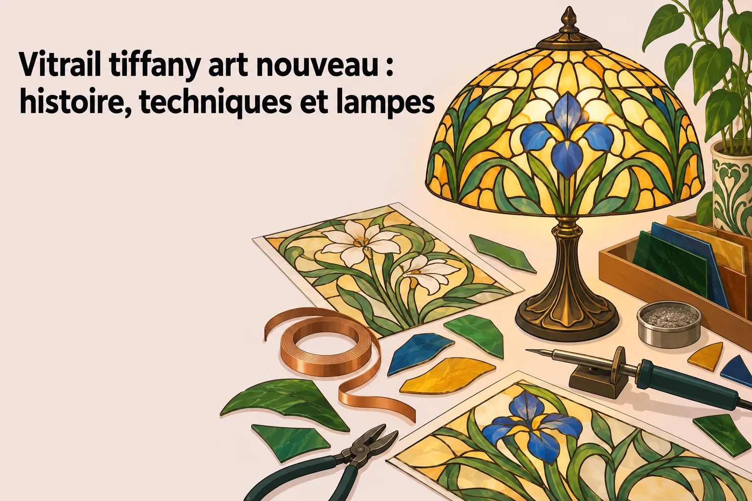 Vitrail Tiffany art nouveau en démonstration : lampe mosaïque fleurie et outils de coupe, feuilles de verre, planches de motifs floraux et rubans décoratifs.